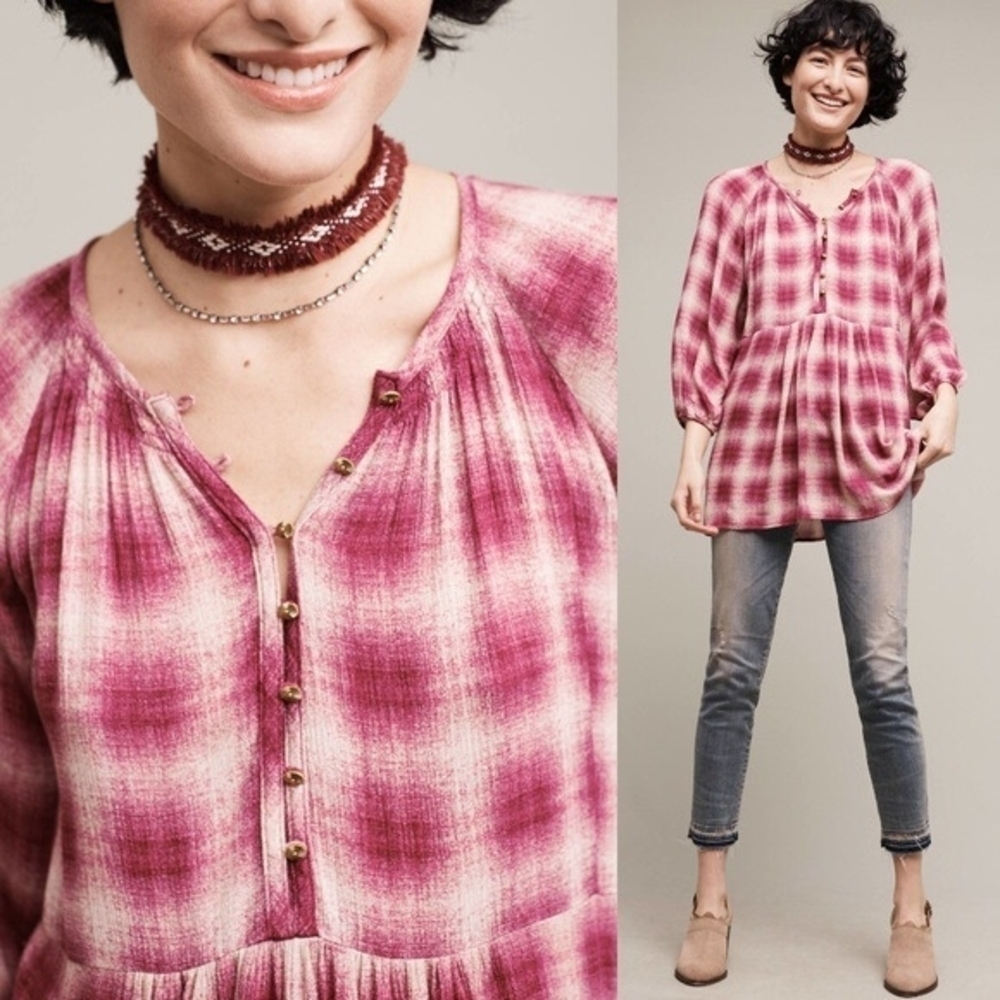 Anthropologie Maeve Boho Calavon Peplum 3/4 Balloon Sleeve Button Top Size M